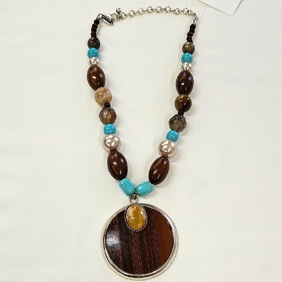 CHICO'S Beaded Turquoise Brown Necklace Silver Accents & Wood Pendant - Picture 2 of 5